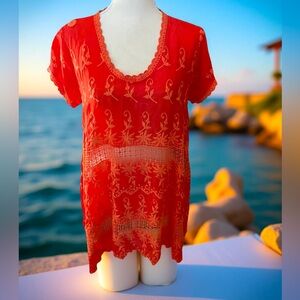 Johnny Was Orange Embroidery tunic blouse eyelet size XS round short sleeve lace